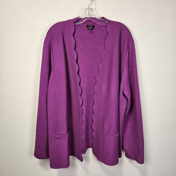 Talbots Womens 2X Merino Wool Cardigan Sweater Scallop Edge Open Front Pockets - Picture 3 of 16
